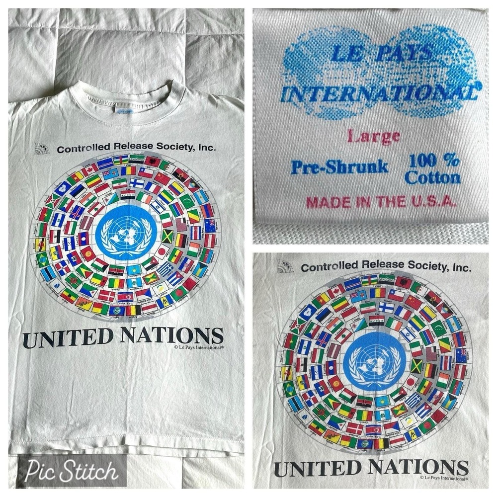 Vtg 90s Le Pays United Nations Flag Single Stitch Graphic Tee Mens L UN Politics
